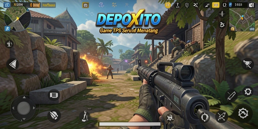 Tangkapan layar gameplay DEPOXITO menampilkan aksi tembak-menembak yang mendebarkan.