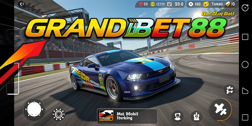 Tampilan balapan intens di <strong>GRANDBET88</strong> dengan mobil yang melaju kencang.