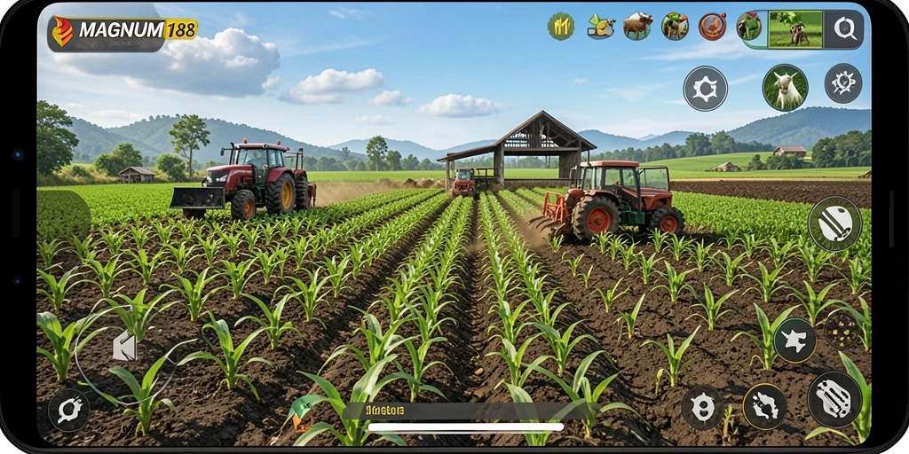 Screenshot gameplay MAGNUM188 menampilkan kebun yang subur dan aktivitas bertani.