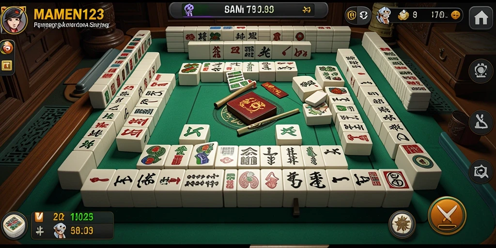 Tampilan gameplay menarik dalam MAMEN123, menampilkan ubin Mahjong yang berwarna.