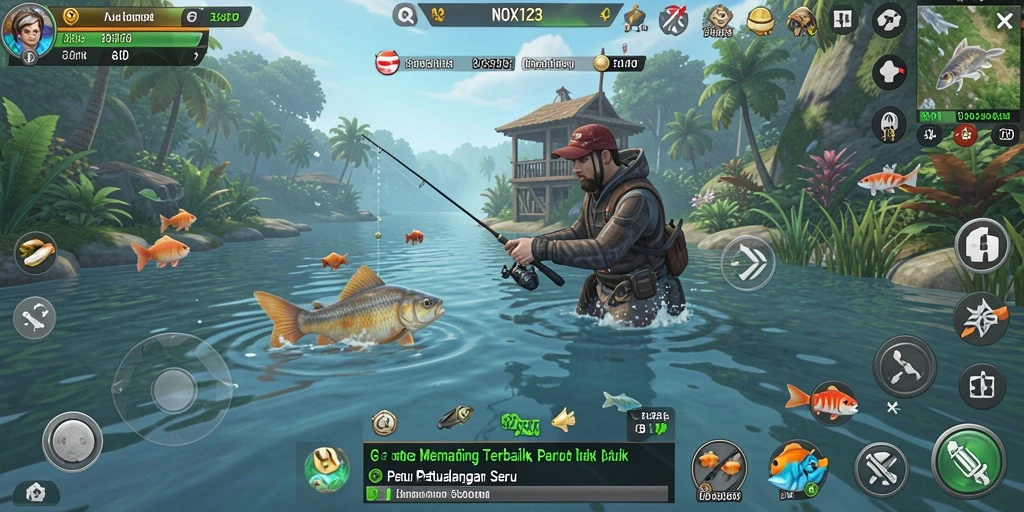 Tangkapan ikan yang menakjubkan dalam NOX123 saat gameplay memancing.