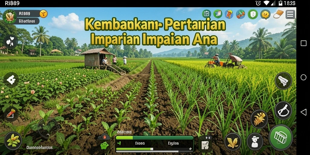 Tampilan screenshot utama RI889, menampilkan keseruan bermain Farming.